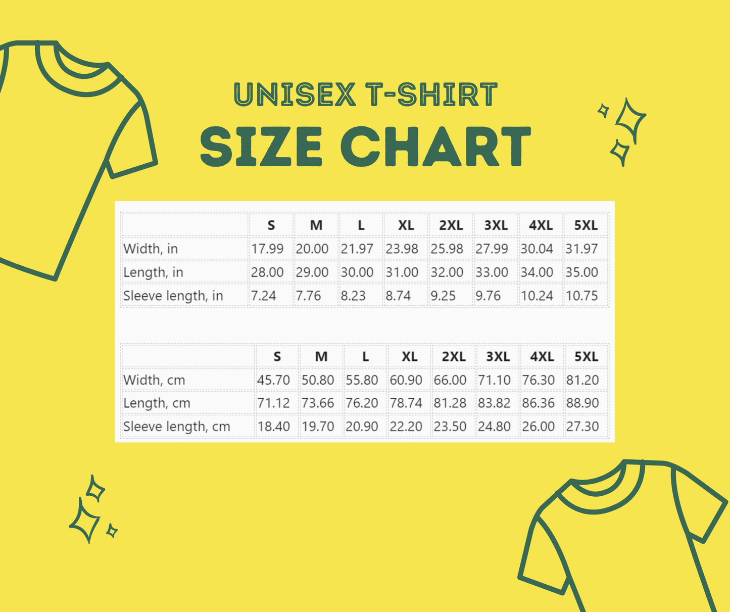 Unisex Cotton T-Shirt Size Chart