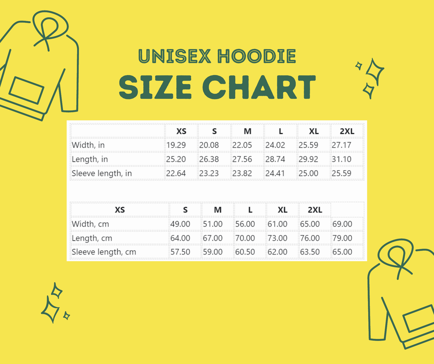 Unisex College Hoodie Size Chart