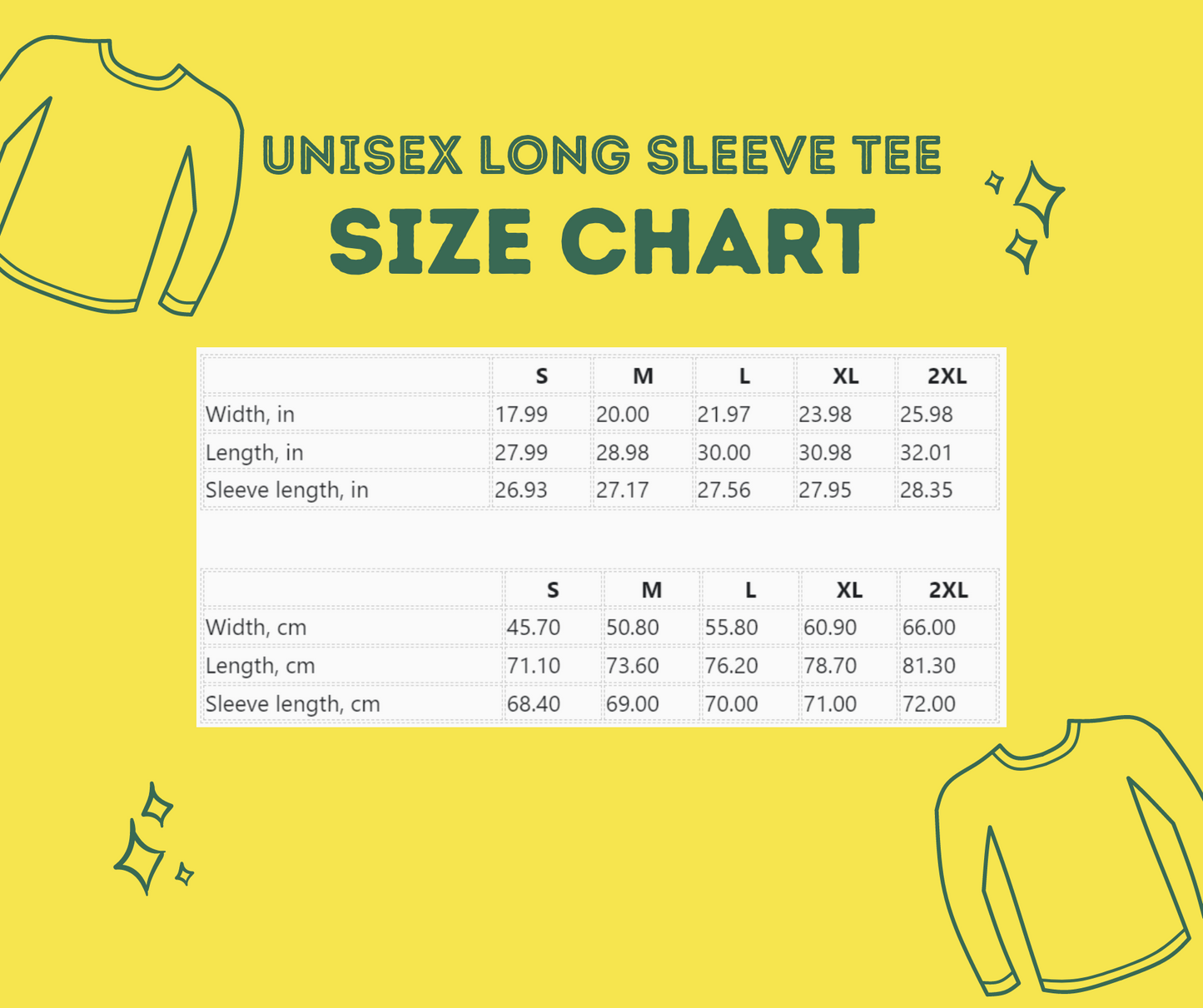 Unisex Long Sleeve Tee Size Chart